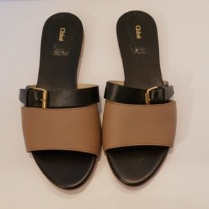 Chloe' tan and black slide sandals size 7 1/2